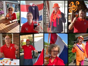 Collage van foto's van in oranje uitgedoste mensen die proosten op de verjaardag van Koning Willem-Alexander