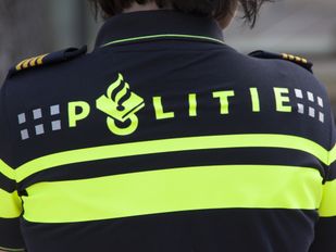 Close-up van politielogo op rug van agent