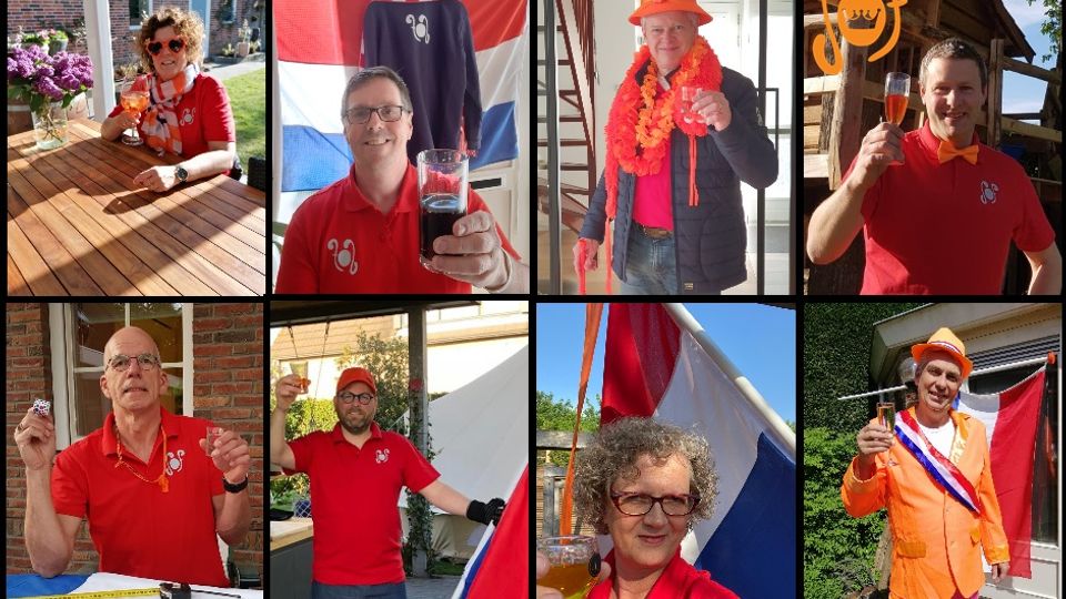 Collage van foto's van in oranje uitgedoste mensen die proosten op de verjaardag van Koning Willem-Alexander