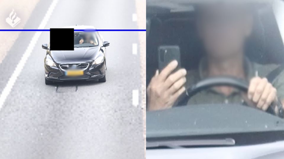 Opname van politiecamera laat zien dat man telefoon vasthoudt tijdens het autorijden, zijn gezicht is geblurred tegen herkenning
