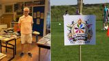 Links conciërge Andries de Vos en rechts het bordje van de Singelse Spelen