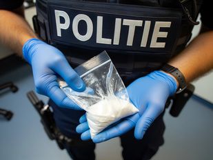 Stockfoto van een politieagent met blauwe handschoenen en een zakje drugs