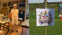 Links conciërge Andries de Vos en rechts het bordje van de Singelse Spelen