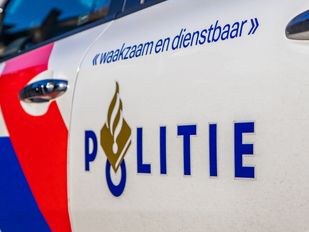 Close-up van de zijkant van een politiewagen met het politielogo en daarboven de tekst 'waakzaam en dienstbaar'
