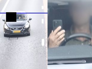 Opname van politiecamera laat zien dat man telefoon vasthoudt tijdens het autorijden, zijn gezicht is geblurred tegen herkenning