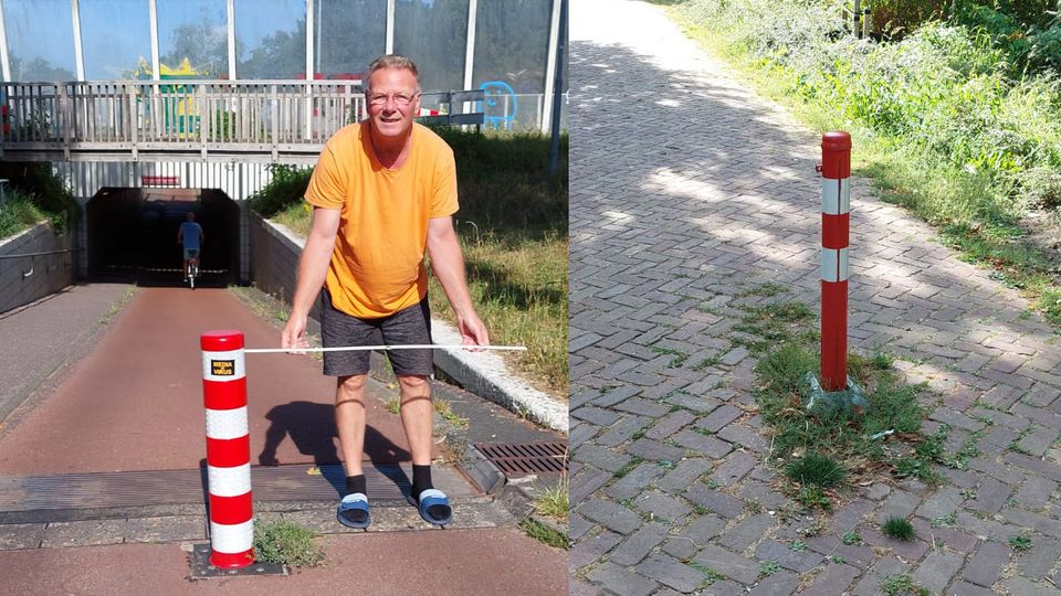 Ron Vuijk van de fietsersbond bij een van de paaltjes in Roosendaal.