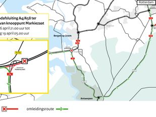 Routekaart met afsluiting A4 bij knooppunt Markiezaat en omleiding via Antwerpen