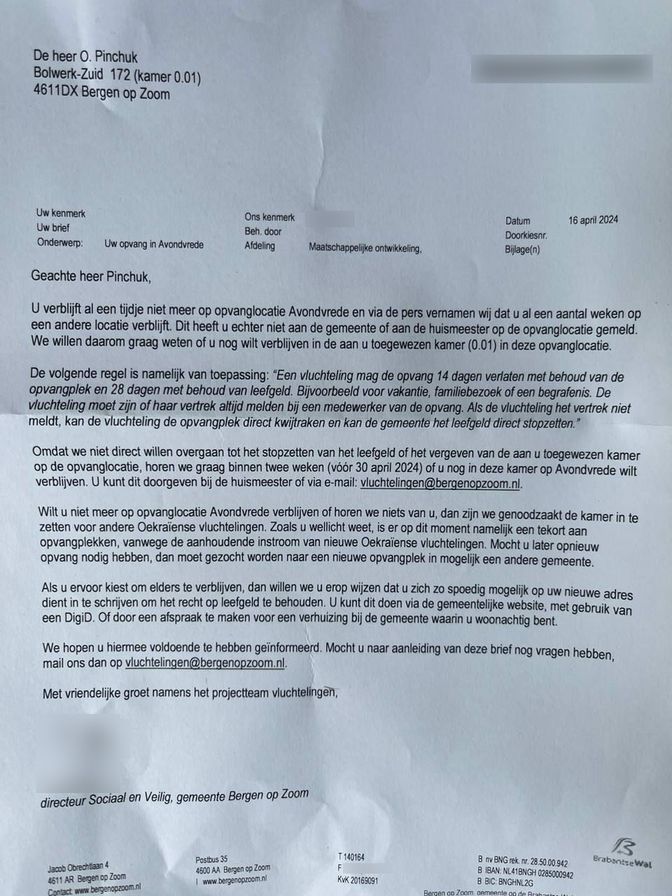 brief gemeente Bergen op Zoom aan Oekraïense vlucheling