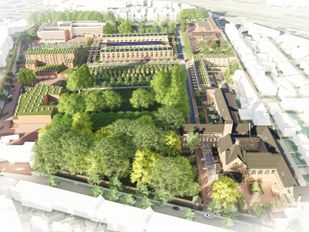 Artist impression van de nieuwbouw rond het oude klooster Mariadal in Roosendaal