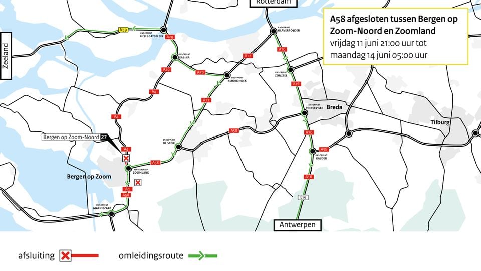 Routekaart met omleiding voor afsluiting A4 bij Bergen op Zoom