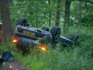 Achterkant auto met knipperlichten aan, op de kop in een met veel groen begroeide sloot