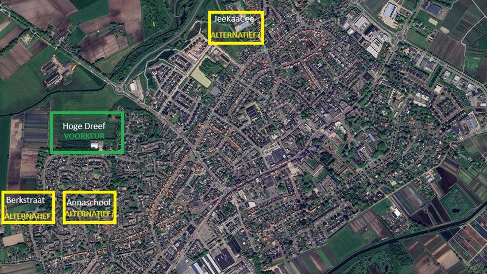 Zundert: voorkeurslocatie en drie alternatieven (in geel)