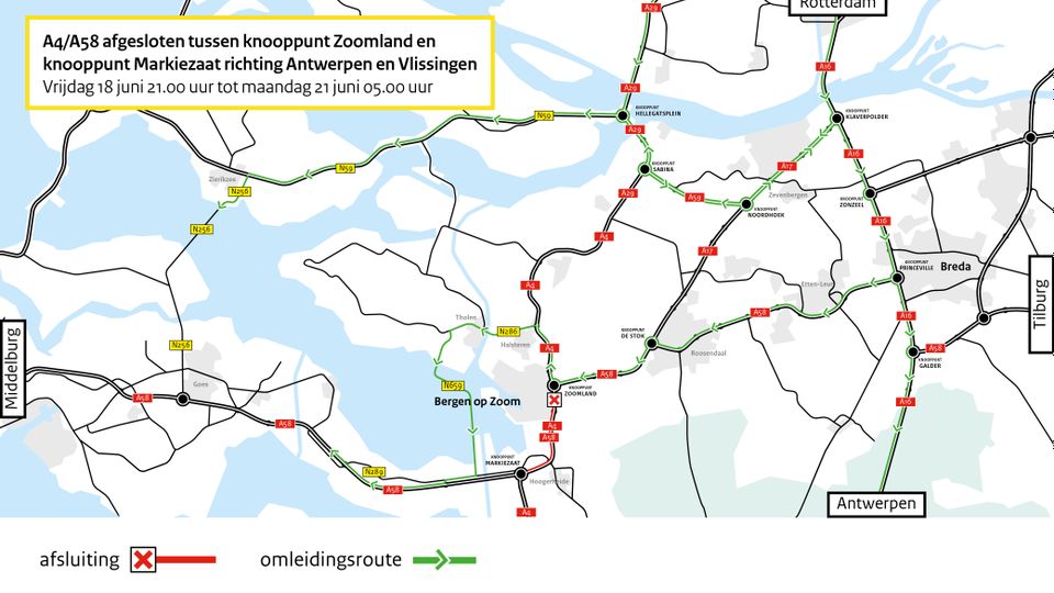 Routekaart met omleidingen voor wegwerkzaamheden op de A4/A58