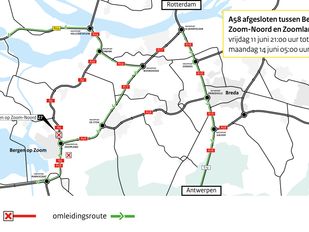 Routekaart met omleiding voor afsluiting A4 bij Bergen op Zoom