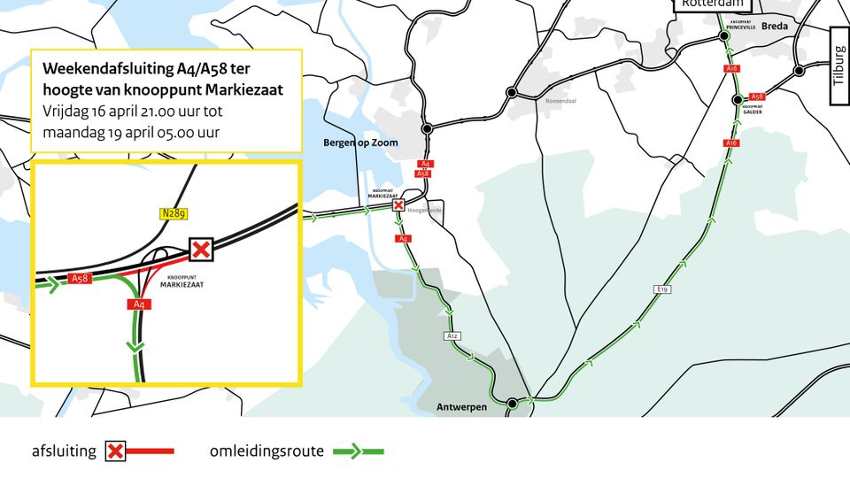Routekaart met afsluiting A4 bij knooppunt Markiezaat en omleiding via Antwerpen