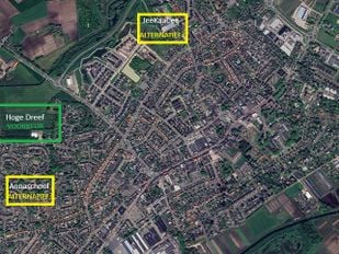 Zundert: voorkeurslocatie en drie alternatieven (in geel)