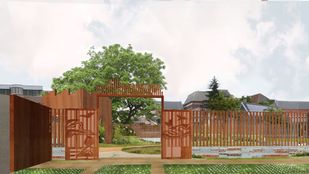 Artist impression van Stadstuin Van Hasselt met bruin sierhekwerk, groen en waterpartijen