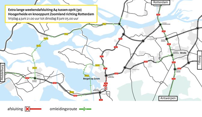 Kaartje met omleidingsroutes