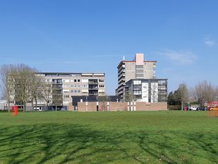 Trapveldje met rode doelen en op de achtergrond voormalige kerk De Goede Herder en de wijk Langdonk in Roosendaal