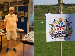 Links conciërge Andries de Vos en rechts het bordje van de Singelse Spelen
