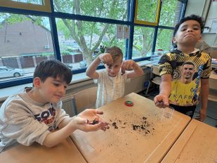 Alex, Jurre en Mason houden hun gevonden worm omhoog (foto: ZuidWest Update)