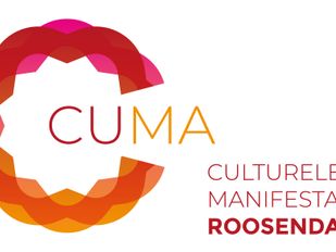 CuMa-logo in oranje-rood met in het paars de woorden Culturele Manifestatie Roosendaal