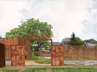 Artist impression van Stadstuin Van Hasselt met bruin sierhekwerk, groen en waterpartijen